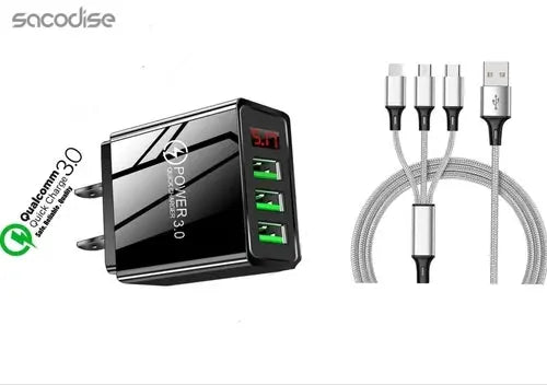 3 port LED Display High Speed Wall Charger Black + 3 in 1 Cable Combo Fuchsia Electra