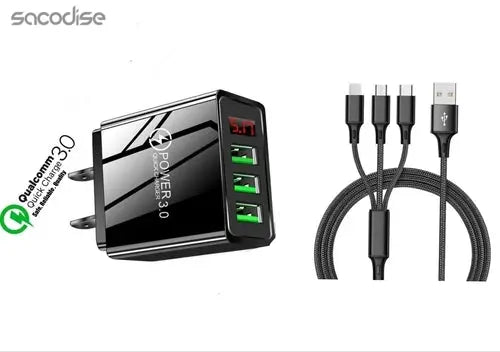 3 port LED Display High Speed Wall Charger Black + 3 in 1 Cable Combo Fuchsia Electra