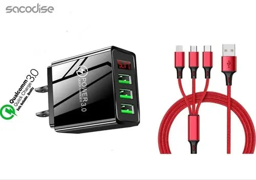 3 port LED Display High Speed Wall Charger Black + 3 in 1 Cable Combo Fuchsia Electra