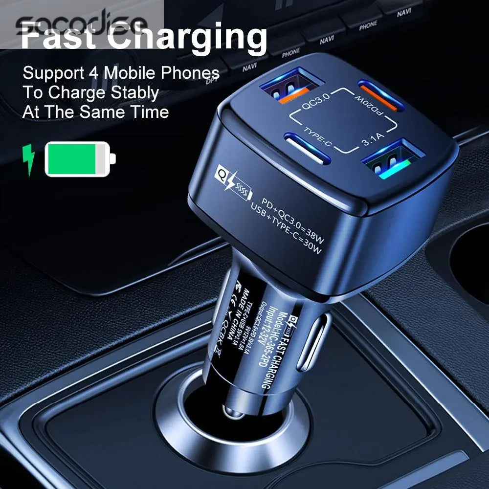 PBG 4 Port PD/USB Car Charger and 4 in 1 Nylon Cable Bundle Fuchsia Electra