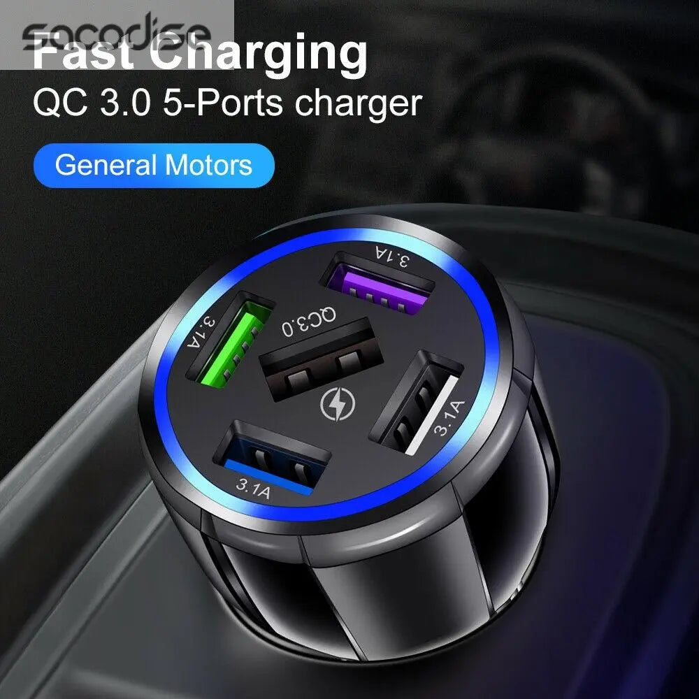 PBG 5-Port LED Car Charger & 4-in-1 Nylon Multi-Cable Bundle 4FT Fuchsia Electra