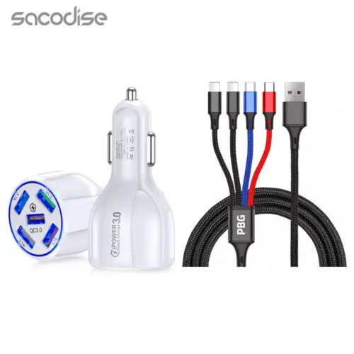 PBG 5-Port LED Car Charger & 4-in-1 Nylon Multi-Cable Bundle 4FT Fuchsia Electra