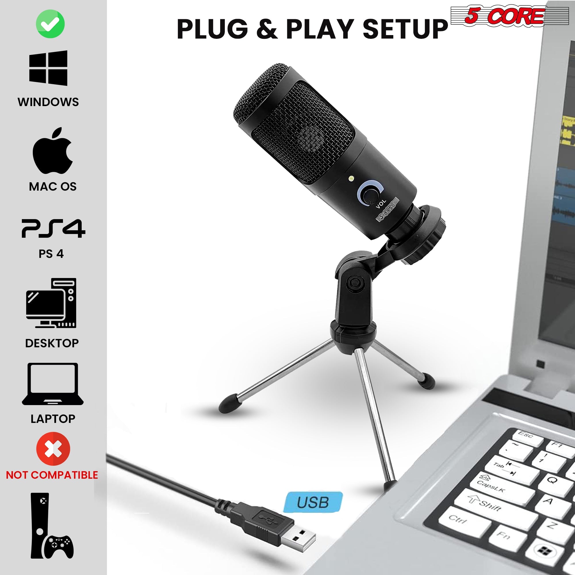 5Core Recording Microphone Podcast Bundle w Condenser Mic  Desk Stand Violet Rose