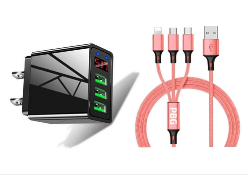 3 port LED Display High Speed Wall Charger Black + 3 in 1 Cable Combo Fuchsia Electra