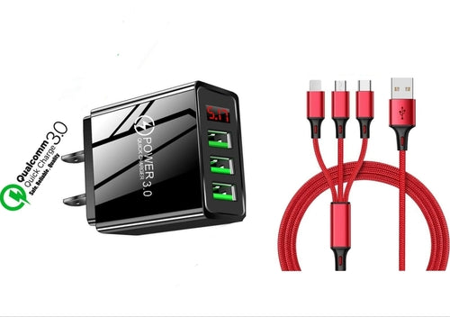 3 port LED Display High Speed Wall Charger Black + 3 in 1 Cable Combo Fuchsia Electra