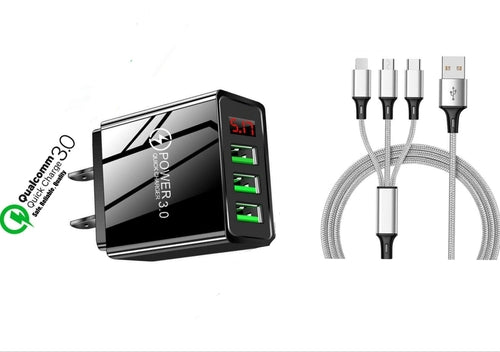 3 port LED Display High Speed Wall Charger Black + 3 in 1 Cable Combo Fuchsia Electra