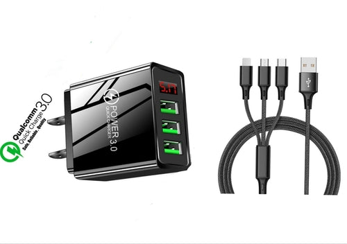 3 port LED Display High Speed Wall Charger Black + 3 in 1 Cable Combo Fuchsia Electra