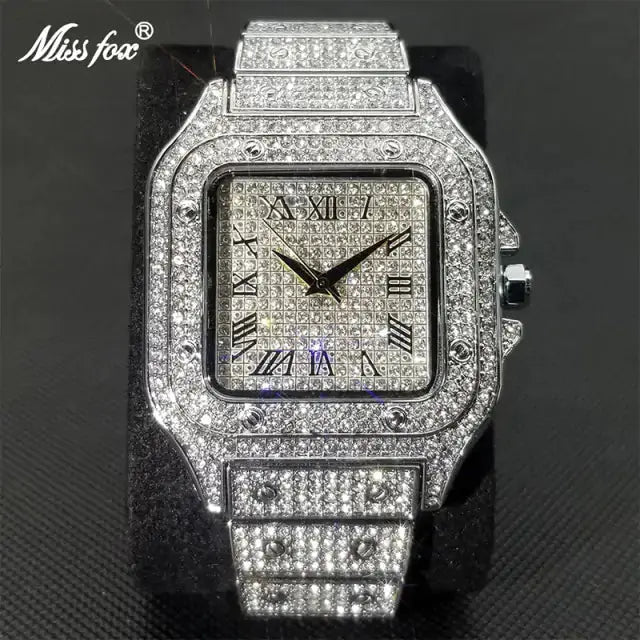 MISSFOX Ice Out Square Watch For Men Top Brand Luxury Full Diamond Mens Watches Ultra Thin Waterproof Hip Hop Clock Dropshipping sacodise.com