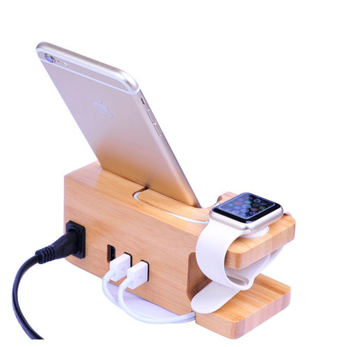 2 in 1 Bamboo Wood Charging Station Stand 3 USB for iPhone & Copper Hecuba