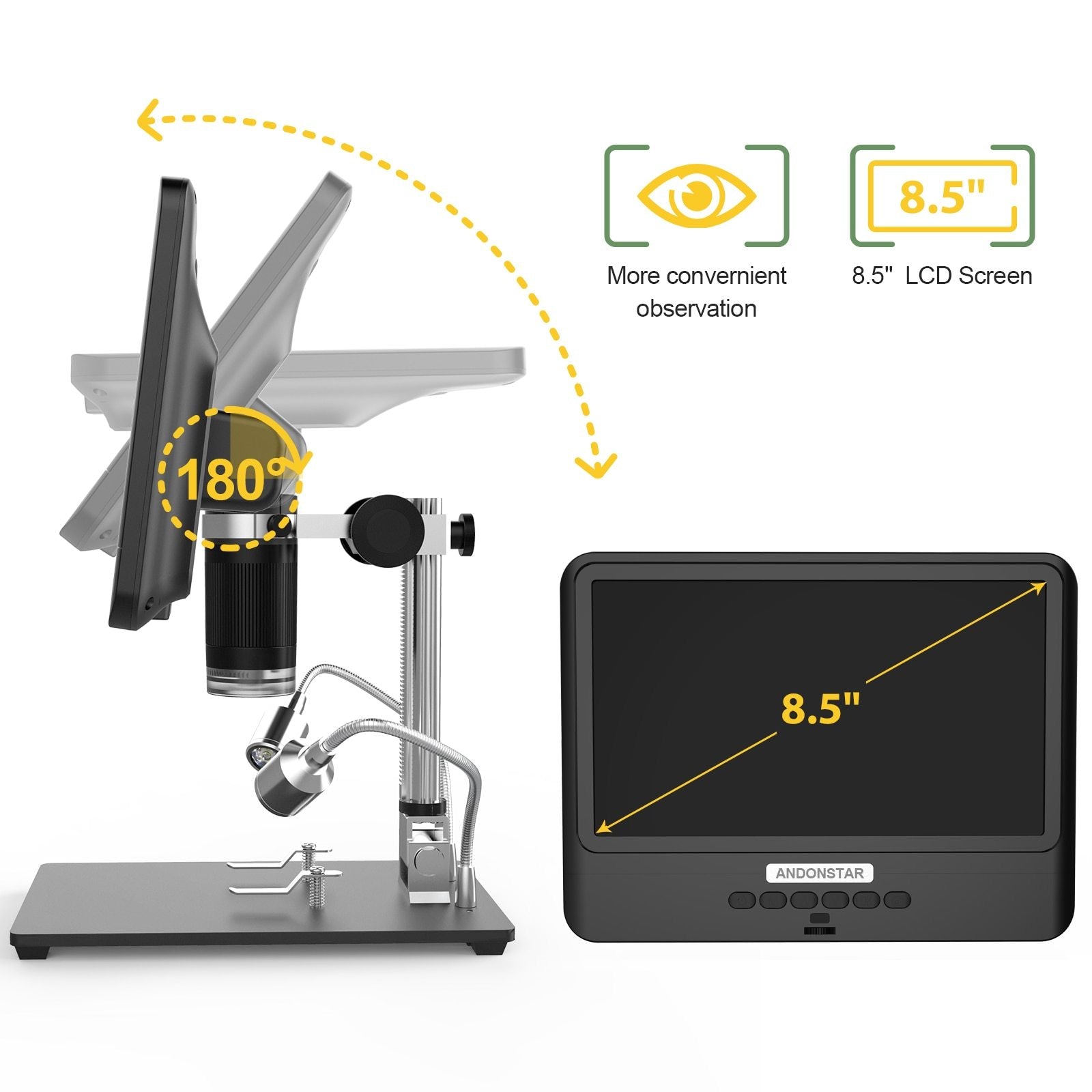 Andonstar AD208S 8.5 Inch LCD 5X-1200X Digital Microscope 1280*800 Yellow Angel